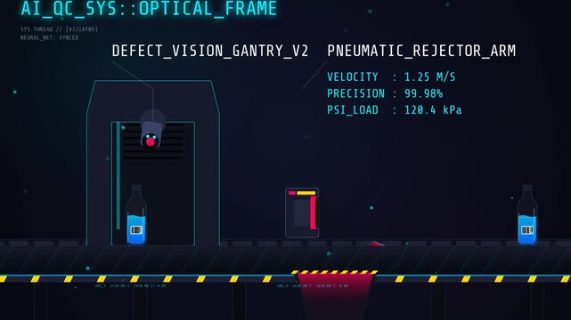 Animation of an AI quality control system using machine vision and a pneumatic rejector arm to detect and remove defective bottles on a manufacturing conveyor belt