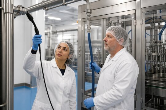 Compressed air audit food plant stainless landing page spotless packaging where two technicians survey utility lines hygienic ppe