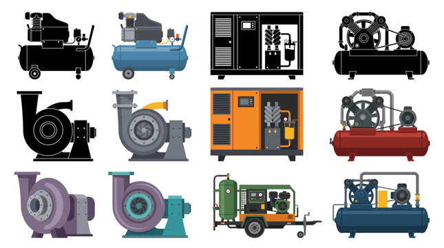 Collection of Compressor Vector Illustrations Featuring Air Compressor, Screw Compressor, Reciprocating Compressor, Centrifugal Compressor, Portable Compressor and Industrial Compressor