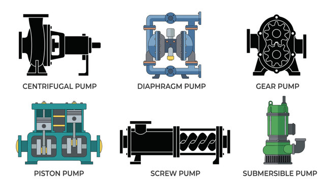 Collection of Industrial Pump Vector Illustrations Featuring Centrifugal Pump, Diaphragm Pump, Gear Pump, Piston Pump, Screw Pump and Submersible Pump Isolated on White Background