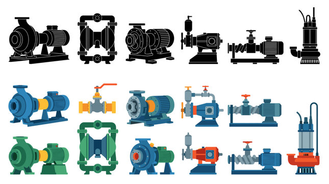 Collection of Industrial Pump Vector Illustrations Featuring Centrifugal Pump, Diaphragm Pump, Gear Pump, Piston Pump, Screw Pump and Submersible Pump Isolated on White Background
