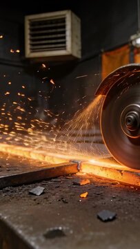 Vertical video: Contacting rotating wheel cutting metal bar at bench, sparking, copy space