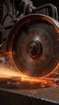 Vertical video: Grinding wheel contacting glowing metal bar for finishing in shop, throwing sparks