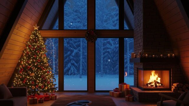 A seamless pattern cozy christmas cabin interior with decorated tree and fireplace