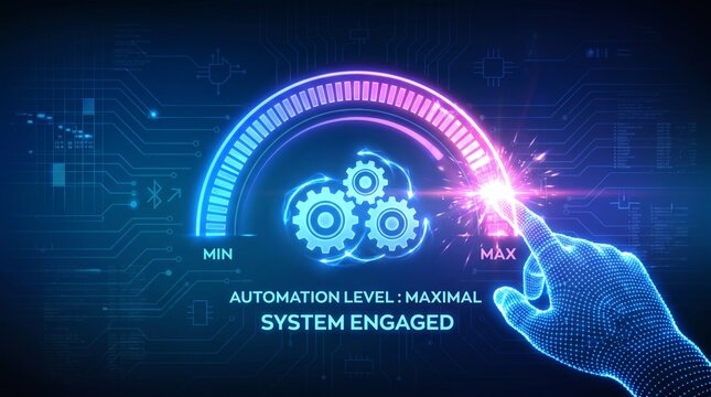 Digital interface showing maximal automation level with human hand touching a glowing gear system.