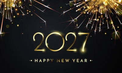 2027 Happy New Year luxury background. Golden typography with sparklers and fireworks on black backdrop. Elegant holiday greeting banner vector © Ron Dale