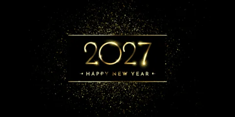 2027 Happy New Year luxury background. Golden typography and sparkling gold glitter dust in frame on black backdrop. Elegant holiday greeting banner vector © Ron Dale