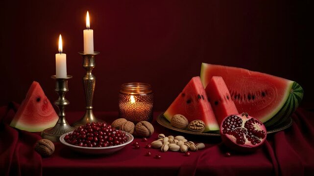 A seamless pattern yalda night celebration still life with watermelon and pomegranate