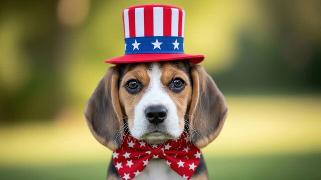 A seamless pattern cute beagle puppy wearing a patriotic hat and bow tie
