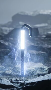 Vertical video: Driving metal crowbar with hooked top into rocky slope, bright core activating ring