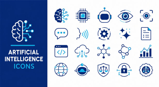 Artificial intelligence icons set illustrating concepts like brain, robots, algorithms, and data processing in blue and white.