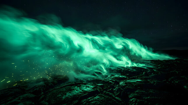 Glowing green gas billows across the dark volcanic landscape under a starry night sky, creating a dramatic and otherworldly.