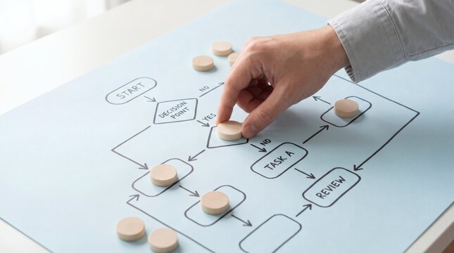 Hand placing wooden tokens on a flowchart representing automatic task management and business process optimization.