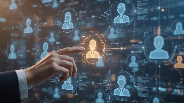 Professional hand selecting user profile on digital network interface, close up