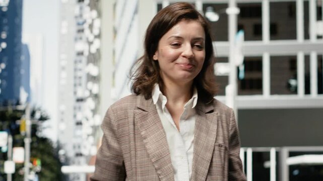 Smiling businesswoman walks through a downtown district near modern office buildings, strolling outdoors with her hands in blazer pockets during daylight in the city business district.
