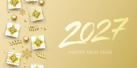 2027 gold New Year luxury background. Golden banner with gift boxes, ornaments, snowflakes and brush lettering. Festive corporate greeting card vector template © Ron Dale