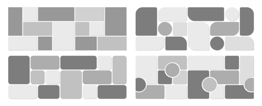 Greyscale bento grid horizontal moodboard design mockup pack with shadows isolated on white background. Photo mosaic collage gallery template. Album portfolio brandboard. Mood board overlay bg. Vector