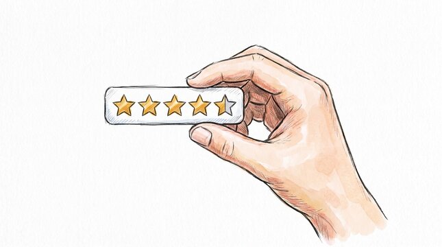 Hand holding a rating bar with four and a half stars out of five, watercolor illustration