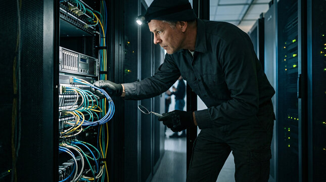 Professional network engineer dark clothing inspecting mainframes wire routing connections hardware server cabinet rack unit telecom data center technical support service commercial photo
