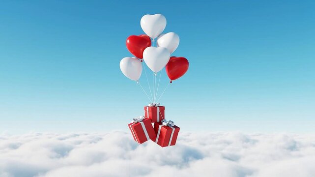 A seamless pattern red gift boxes floating with heart balloons