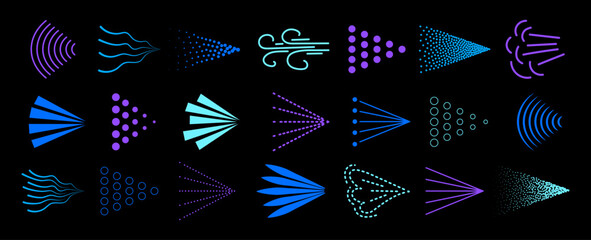 Obraz premium Spray mist icon pack isolated on black background. Blue spray steam icons. Fluid, air, aerosol cloud, nebulizer, steam spraying symbols set. Vector illustration