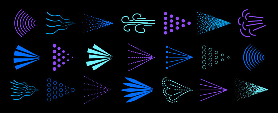 Spray mist icon pack isolated on black background. Blue spray steam icons. Fluid, air, aerosol cloud, nebulizer, steam spraying symbols set. Vector illustration