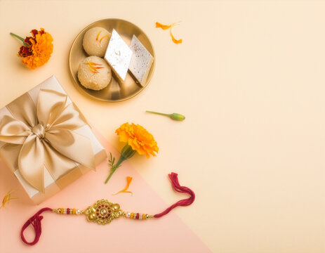 Rakhi Celebration Gift With Sweets, Marigold Flowers and Traditional Raksha Bandhan Bracelet on Pastel Background