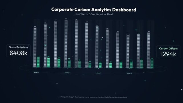 Corporate carbon analytics dashboard animation showing gross emissions decreasing and carbon offsets increasing in a net-zero trajectory model