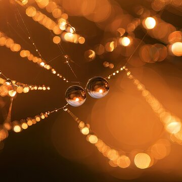 Golden spiderweb with dewdrop jewels, glowing, intricate, abstract bokeh