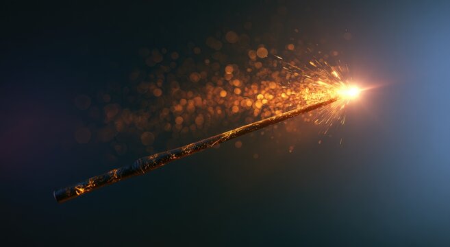 A pointed, dark wand emanates glowing embers and bright sparks