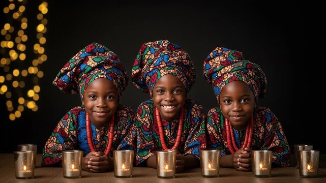 A seamless pattern three young girls in traditional african attire with candles