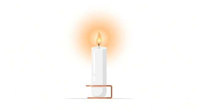 A single white candle with a bright orange flame and halo of light on a white background