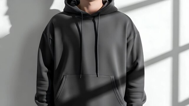 Person wearing a plain grey hoodie while standing against a bright white wall to showcase a minimalist fashion style suitable for branding or casual urban lifestyle clothing designs