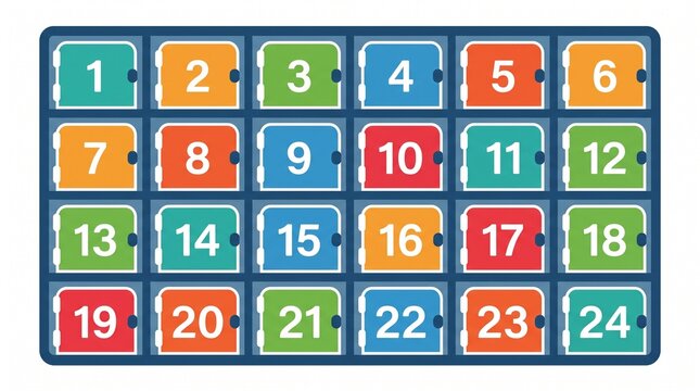 Colorful Grid of Numbered Boxes from 1 to 24 with Doors and Handles