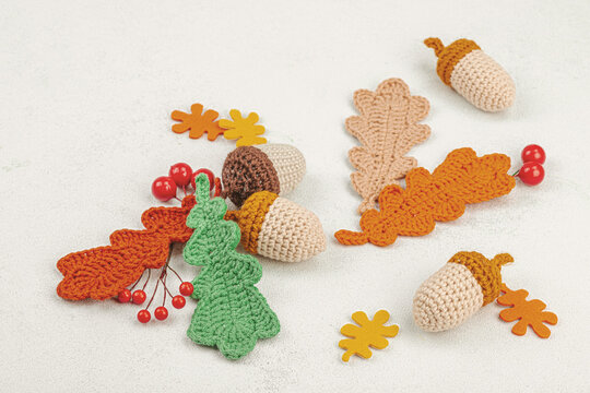 Set of traditional knitted autumn decoration. Crocheted different acorn and leaves, handmade, cozy hobby