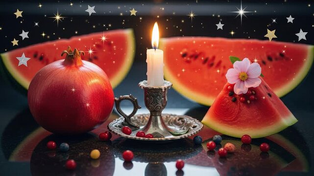 A seamless pattern yalda night celebration with pomegranate, watermelon, and candle