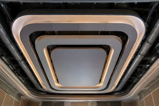 Music Lounge Floating Ceiling Construction With Layered Acoustic Panels and Hidden Lighting Channels Awaiting Completion