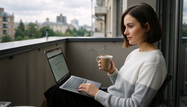 Woman working remotely on a balcony, embodying the modern digital nomad lifestyle with a laptop and coffee.