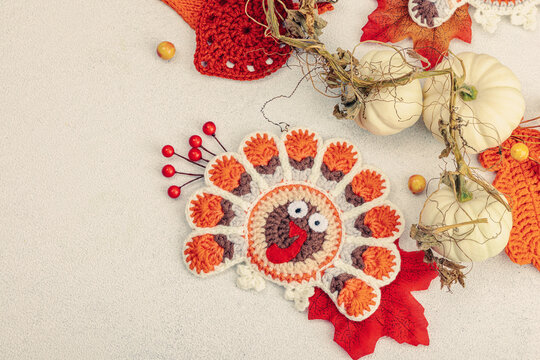 Autumn table setting. Thanksgiving cutlery, traditional fall decor, flat lay. Festive cozy mood