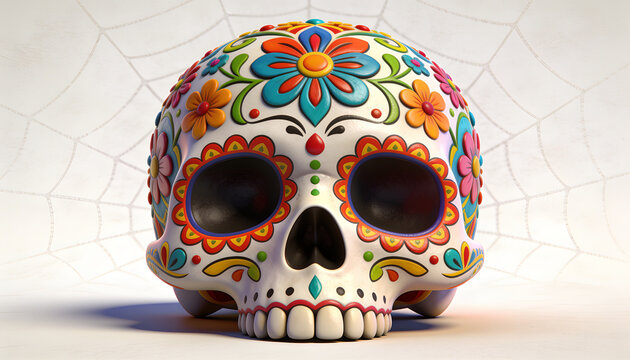 Colorful Sugar Skull Day Of The Dead Decor, Floral Mexican Calavera Graphic Art, Decorative Halloween Skeleton Head Craft, Festive Celebration Concept Design, Bright Clay Ornament Background Illustrat