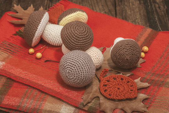 Autumn cozy mood composition. Crocheted mushroom, handmade, fall hobby concept