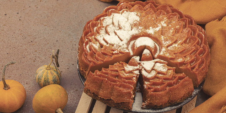 Healthy autumn pie. Lactose free, homemade bakery, Thanksgiving dessert. Traditional sweets