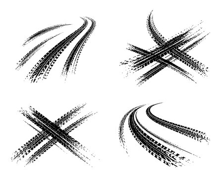 Tire tread marks after skidding, launch, drift, powerslide in motorsport, rally, off-road, motocross. Wheel texture with splash effect. Vector, transparent PNG version.