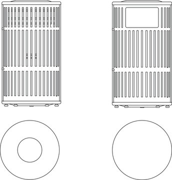 Technical CAD set of cylindrical trash bins showing front elevations with vertical slats and top plan views with circular outlines.