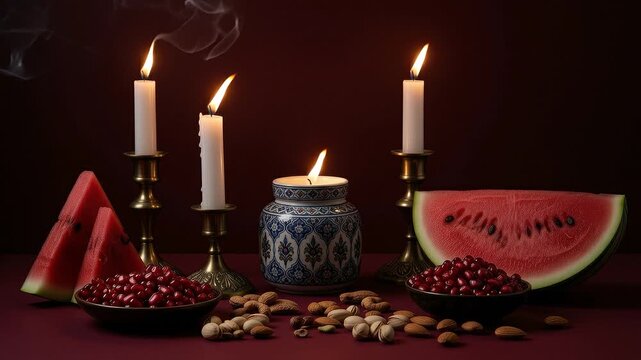 A seamless pattern traditional yalda night celebration setting with pomegranates and watermelon
