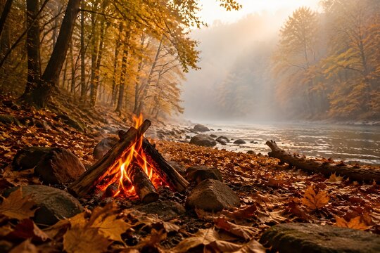 Autumn Campfire Glows Among Golden Leaves on Misty Morning with Warm Embers and Gentle Fog