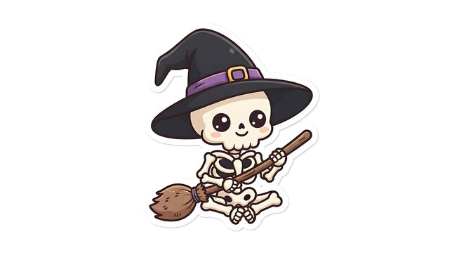 Cute cartoon skeleton witch flying on a broomstick for halloween celebrations