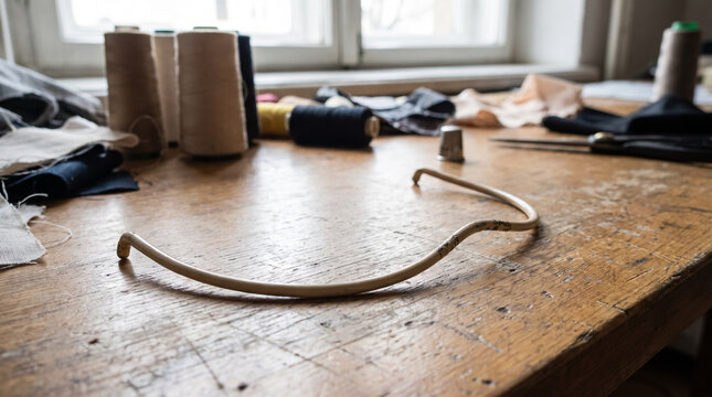Bra underwire on wooden table in tailoring workshop with sewing accessories. Concept of sewing equipment, thread spools, thimble, seamstress workspace, garment making, bra making.