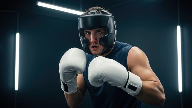 A seamless pattern professional boxer training in a gym with headgear and gloves