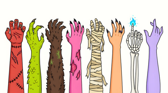 Monster hands and arms from various creatures reach upward against a transparent background.